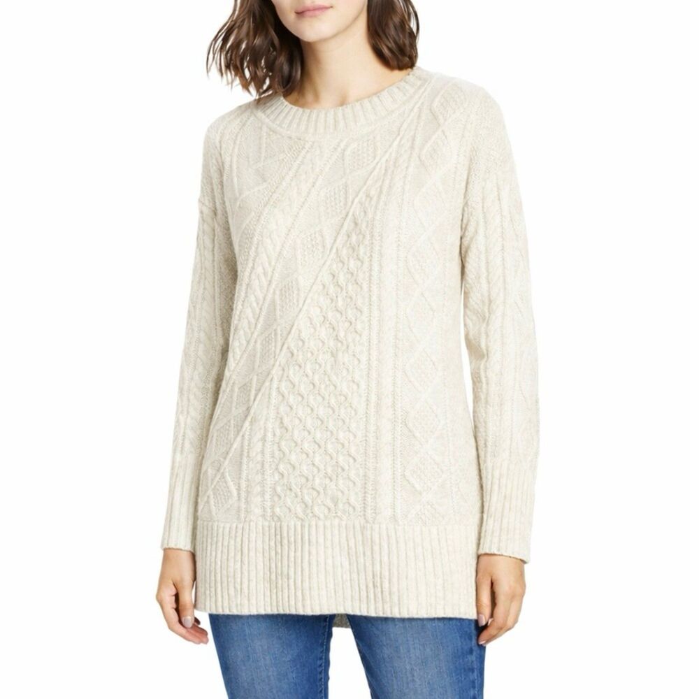 J. Crew Fisherman Patchwork Cable Knit Oversize Tunic Sweater Oatmeal Size XS